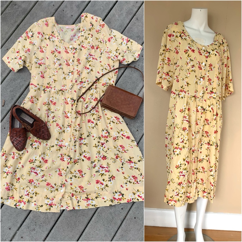 Vintage Yellow Floral Button-Front Dress | 90s Short Sleeve Babydoll Midi Dress